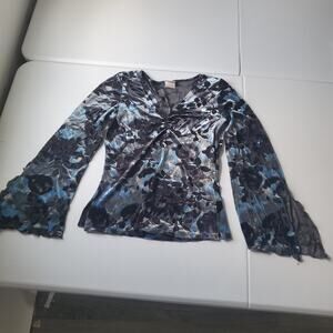 Y2K Whimsigoth Fairy Grunge Blouse Large Blue Velvet Floral Bell Sleeve V Neck